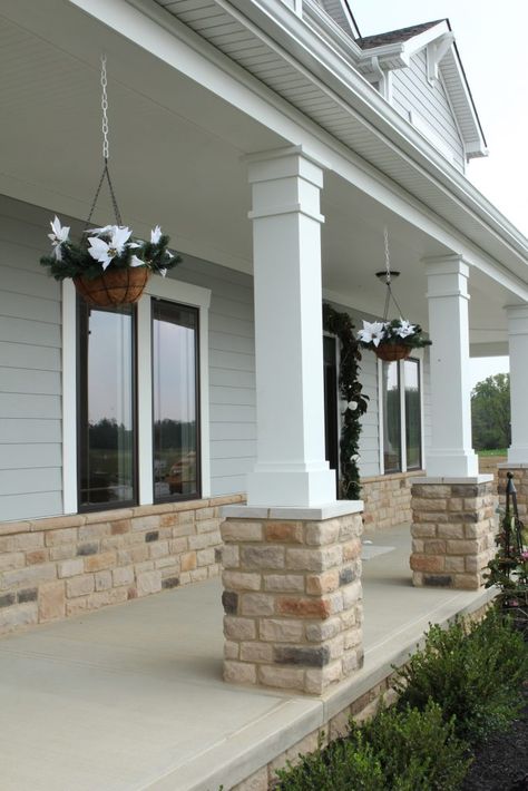 Cellular PVC column wrap introduction - QUALIFIED REMODELER Porch Post Ideas, Front Porch Stone, Porch Pillars, House Columns, Exterior Columns, Front Porch Columns, Brick Porch, Stone Porches, Column Wrap