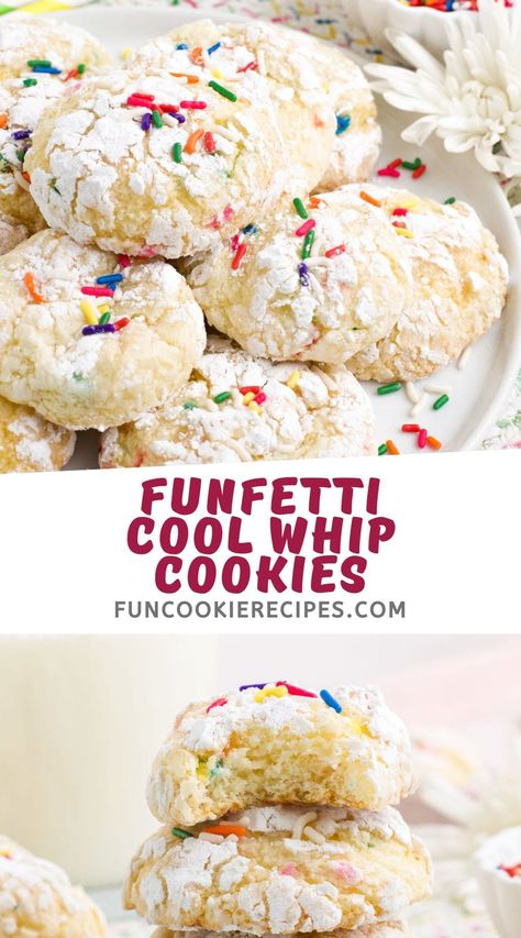 These soft and delicious Funfetti Cool Whip Cookies are so simple and fun to make. You need just four ingredients and 15 minutes! Cool Whip Chocolate Cookies, Cake Mix Cookies Cool Whip, Cool Whip Cookies Easy, Cake Cool Whip Cookies, Whip Cream Cookies, Cool Whip Cookies Recipe, Cake Mix Cool Whip Cookies, Funfetti Desserts, Whipped Cream Cookie