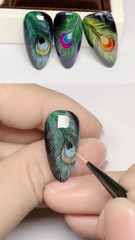 Nails With Stencil Art, Strock Nail Art Design, Theme Nail Art Designs, Nail Feather Design, Peacock Feather Nail Design, Trendy Nail Art 2023, Peacock Nail Designs Feathers, Awesome Nail Art, Morpankh Nail Art