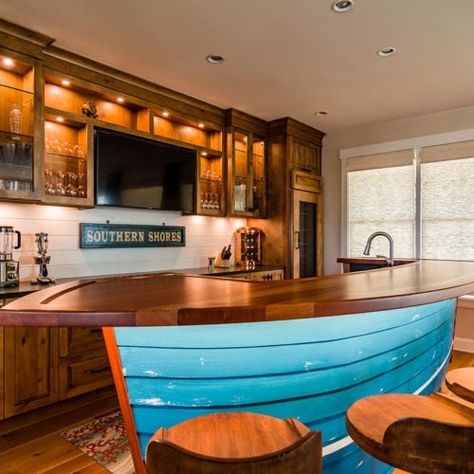 Custom Shiplap Boat Bar | OBX Kitchen and Bar by Cozy Kitchens Bar Made From Old Boat, Boat Coffee Shop, Boat Bar Design, Boat Table Ideas, Boat Countertops, Boat Bar Ideas, Wet Bar Inspiration, Beach Bar Design, Lake Bar