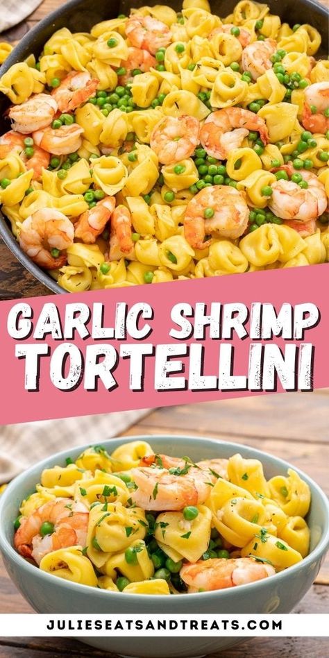 A quick and easy dinner that's ready in 20 minutes! This Garlic Shrimp Tortellini has cheese tortellini, peas and shrimp that's tossed in a light garlic sauce. It's a delicious dinner that tastes as good as a dinner at a restaurant and is so easy to make! #tortellini #shrimp Tortellini Peas, Shrimp Tortellini, Cheese Tortellini Recipes, Tortellini Recipe, Tortellini Recipes, Carlsbad Cravings, Shrimp Recipes For Dinner, Shrimp Recipes Easy, Shrimp Pasta Recipes