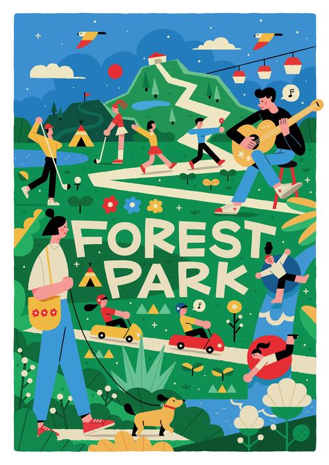 Pyeongchang phoenix resort spring illustraion on Behance Resort Graphic Design, City Pop Illustration, Pamplet Design, Park Illustration, City Pop, Pop Illustration, Creative Illustration, Forest Park, Illustration Inspiration