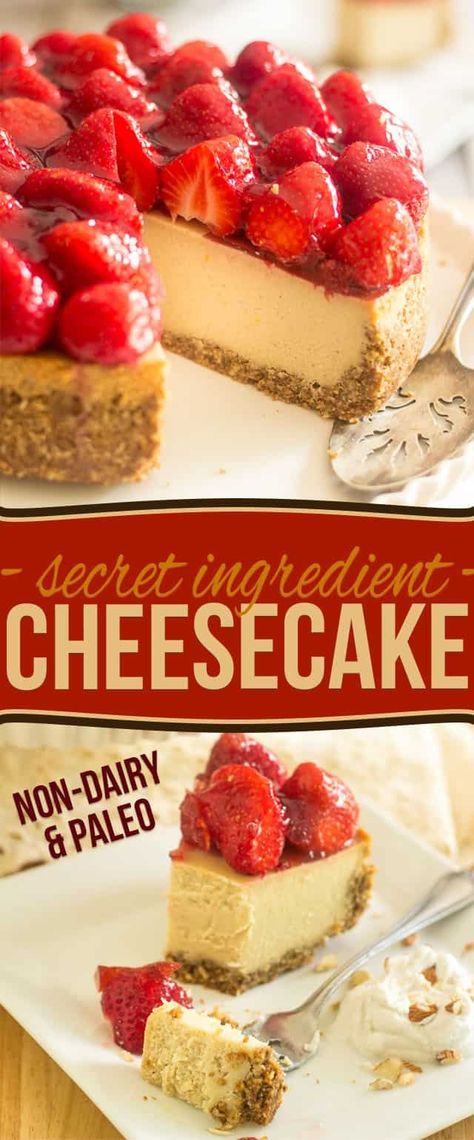 Made with a secret ingredient that will simply blow your mind, this Dairy Free Paleo Strawberry Cheesecake looks, tastes and feels just like the real thing! Paleo Cheesecake, Dairy Free Cheesecake, Vegan Cheesecake Recipe, Paleo Recipes Dessert, Paleo Sweets, Paleo Desserts, Paleo Treats, Dairy Free Dessert, Almond Cakes