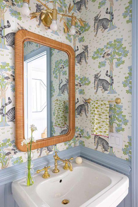 16 Small Bathroom Ideas Bright Powder Room, Thibaut Wallpaper Bathroom, Anna French Wallpaper, Baxter Design, Wallpaper Powder Room, Floating Sink, Anna French, Traditional Vanity, Glass Shower Enclosures