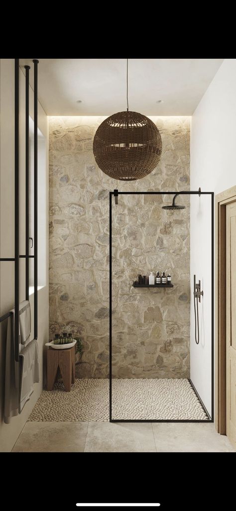 Rustic Boho Bathroom, Bathroom Eclectic, Natural Stone Tile Bathroom, Stone Tile Bathroom, Cozy Eclectic, Natural Stone Bathroom, Stone Feature Wall, Bold Bohemian, Baskets For Storage