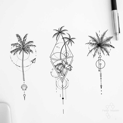 Palm Tattoo, Beach Toes, Palm Tattoos, Ocean Tattoos, Palm Tree Tattoo, Geometric Tattoo Design, Парные Тату, Geometric Tattoos, Calf Tattoo