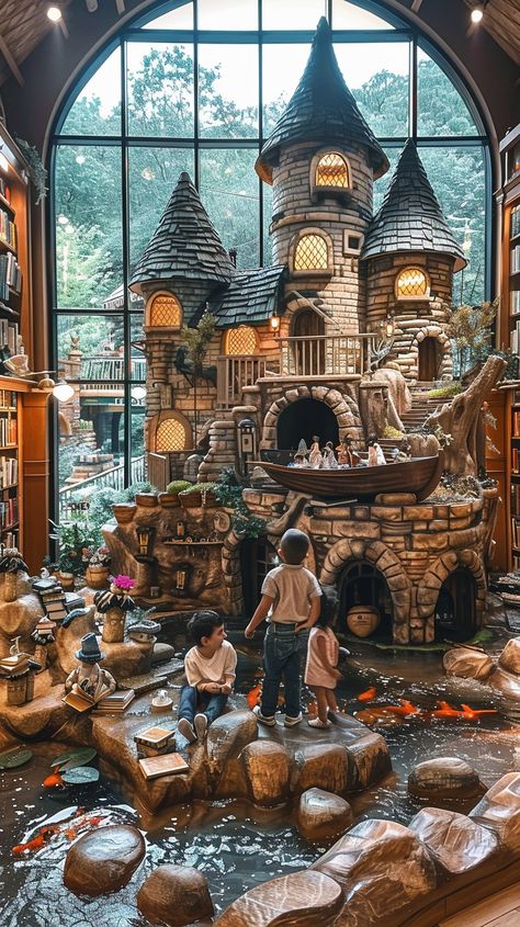 #Enchanted Bookshop Nook: #Children discover the #magic of reading in a #bookshop with an #enchanting #fairytale #castle. #koi #aiart #aiphoto #stockcake ⬇️ Download and 📝 Prompt 👉 https://stockcake.com/i/enchanted-bookshop-nook_635228_1093074 Portal Mirror, Fairy Tale Castle, Wooden Playground, Cozy Library, Kids Library, Playground Design, Fairytale Castle, Autumn Night, Clear Blue Sky