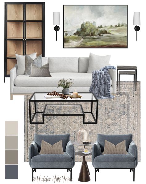 Blue Gray Rug Living Room, Living Room Cool Tones, Coastal Inspired Living Room, Grey Chairs Living Room, Neutral Blue Living Room, Apartment Living Room Sofas, Spiritual Office, L Shape Sofa Design, Shape Sofa Design