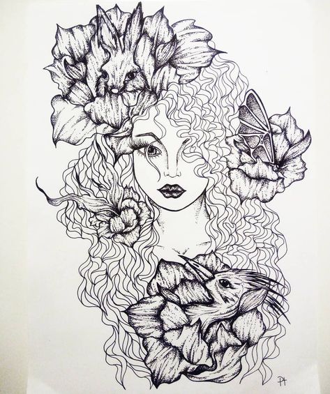 Curly Hair Goddess Tattoo, Curly Hair Woman Tattoo, Curly Hair Tattoo, Curly Tattoo, Goth Illustration, Black Ink Tattoo, Dotwork Art, Hair Drawings, Drawing Nature