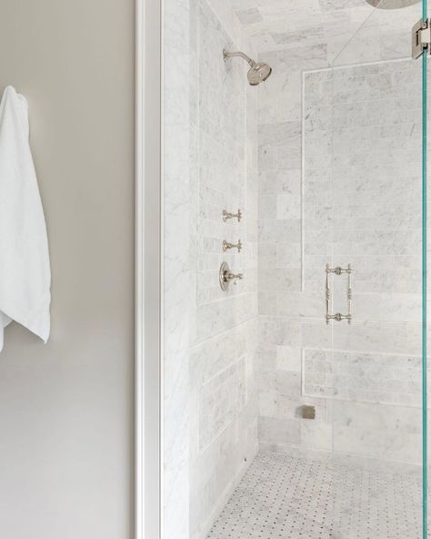 Marianne Simon Design on Instagram: “Rise and shine! We love creating beautiful bath details for our wonderful clients. #mariannesimon #mariannesimondesign #interiordesign…” Marble Basketweave Floor, Herringbone Shower Wall, Herringbone Shower Floor, Basketweave Tile Bathroom, Traditional Bathroom Tile, Marble Basketweave, Marble Shower Walls, Master Remodel, Multiple Shower Heads