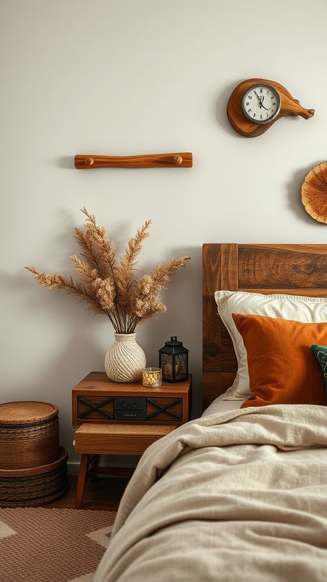 Warm Earthy Bedroom Decor Aesthetic Featuring Wood Accents- Transform your sleeping space into a tranquil haven with over 25 earthy bedroom decor aesthetic ideas, blending natural elements with soothing color palettes to create a harmonious and inviting atmosphere. Discover how to incorporate organic textures, sustainable materials, and earthy tones to elevate your bedroom into a serene retreat inspired by nature. Earthy Bedroom Aesthetic, Earthy Bedroom Decor, Terracotta Bedroom, Throw Pillow Combinations, Bedroom Decor Aesthetic, Calm Color Palette, Black Bathroom Decor, Boho Christmas Decor, Earthy Decor