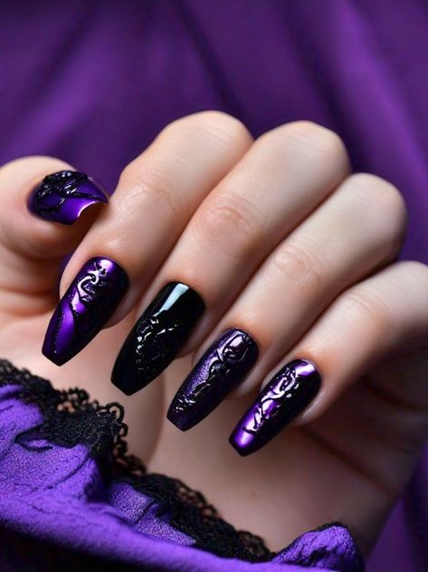 Black And Purple Nails, Black French Tips, Purple Nail Polish, Purple Nail Designs, White Acrylic Nails, Striped Nails, Black Nail Designs, Black Nail, Nail Length