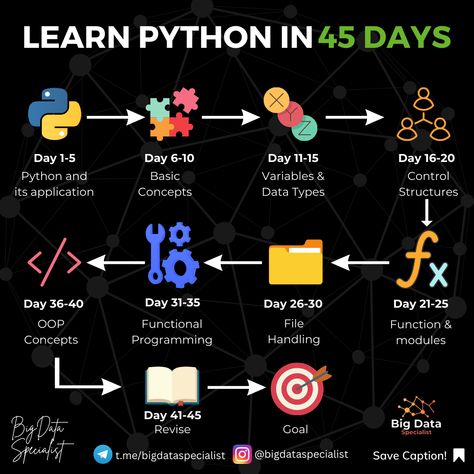 This is a roadmap how to learn Python in 45 days Roadmap For Python, Python Developer Roadmap, Python Learning Roadmap, Python Roadmap, Python Ideas, Basic Computer Programming, Computer Science Programming, Data Science Learning, Learn Python