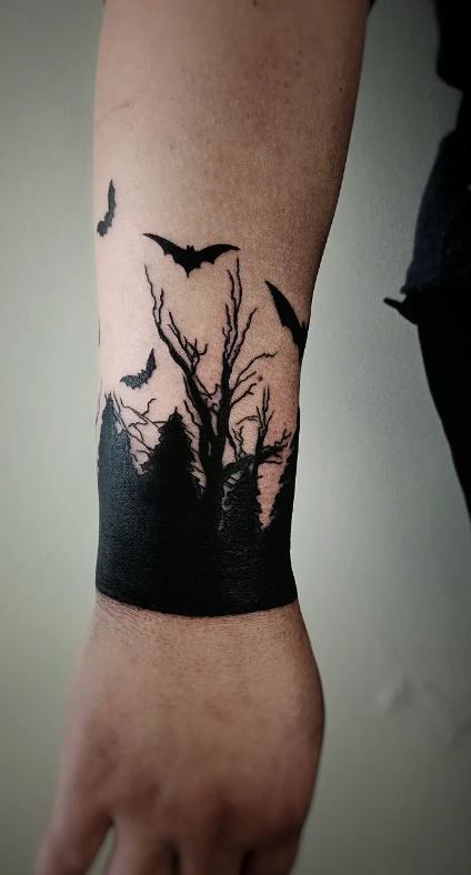 Spiderweb Bat Tattoo, Dark Wrist Tattoos For Women, Elbow Bat Tattoo, Tat Cover Up Ideas, Spooky Cover Up Tattoos, Goth Cover Up Tattoo, Spooky Wrist Tattoo, Goth Tattoo Ideas For Women, Halloween Shoulder Tattoo