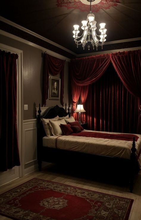 Create a spooky 90s horror aesthetic bedroom by adding a blood red velvet canopy bed, vintage horror movie posters, and a neon Stay Spooky sign for a chilling atmosphere. Complete the look with black lace curtains, an antique vanity, and a Ouija board-inspired rug. Velvet Canopy Bed, 90s Horror Aesthetic, Black Lace Curtains, Vintage Horror Movie Posters, Horror Bedroom, Black Bedroom Aesthetic, Black Room Aesthetic, Red Velvet Curtains, 90s Horror