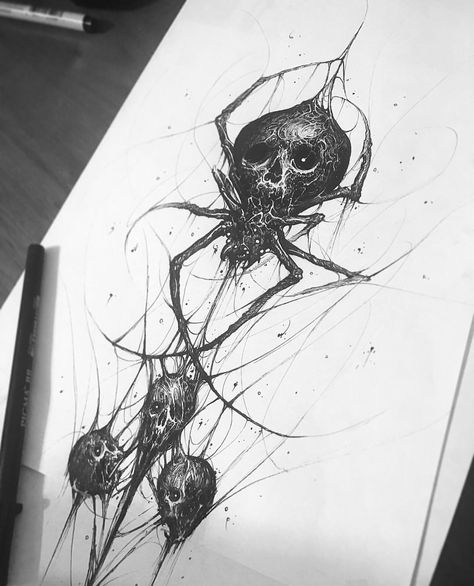 Brandon Herrera 🕸 on Instagram: “💀💀💀🕷🕸 #penandink #skull #spider #illustration #sketch #tattoo #design #darkart #blackandwhite #drawing” Spider Ideas, Sketch Skull, Gotik Tattoo, Spider Skull, Spider Illustration, Spider Drawing, Skull Spider, Creepy Spider, Kunst Tattoos