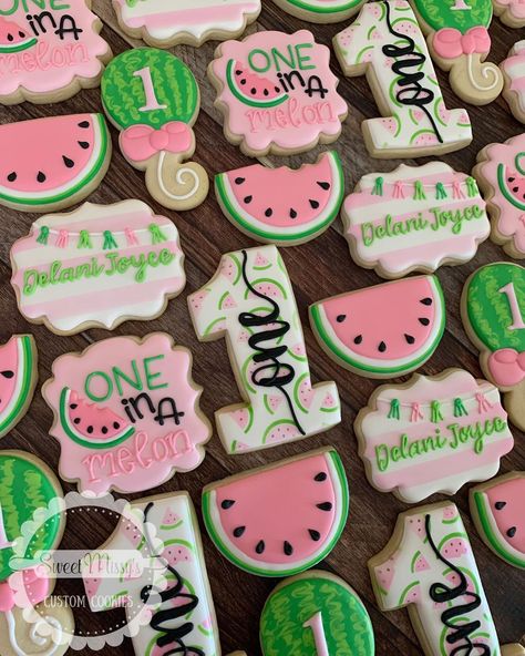 Rock Cookies, Watermelon Birthday Party Theme, One In A Melon Birthday, Melon Birthday, Baby First Birthday Themes, First Birthday Cookies, Watermelon Birthday Parties, 1st Birthday Party For Girls, Baby Birthday Themes