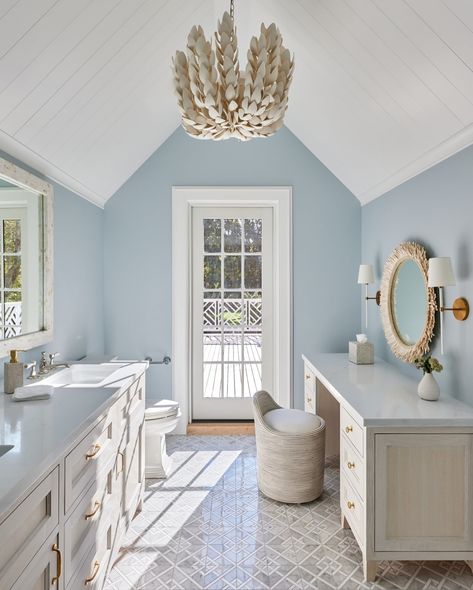 Our Enzo Stool combines versatility with ease, featuring a swivel seat perfect for pairing with a vanity. Can you imagine a better spot to get ready each morning? #Palecek 1. Design: @ethancharlesdesign // Photography: @public311design 2. Design: @brittdesignstudio // Photography: @kirstenrfrancis Colorful Bathroom Ideas, Colorful Bathrooms, Light Blue Bathroom, Grandma Aesthetic, Seaside House, Bathroom Retreat, Soothing Bath, Coastal Bathrooms, Stunning Bathrooms