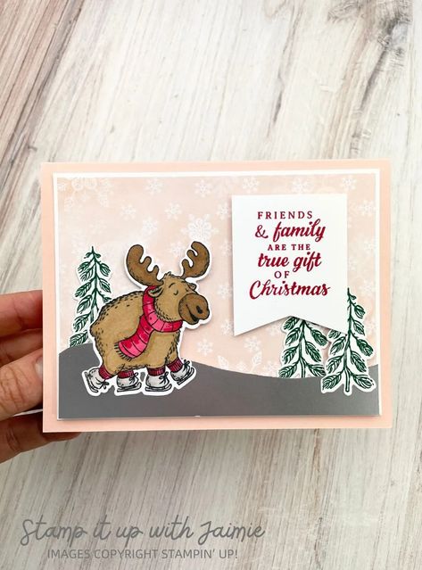 Stampin' Up! Christmas Friends Moose Card White On White Cards, Stampin Up Weihnachten, Handmade Christmas Cards, Create Christmas Cards, Christmas Friends, Christmas Moose, White Cards, Bear Card, Stampin Up Christmas Cards