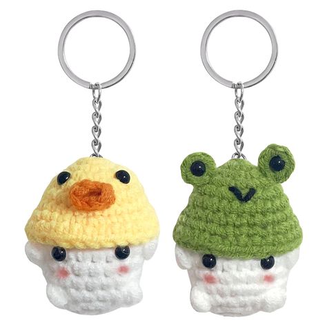 PRICES MAY VARY. Cute Crochet Keychains: Elevate your style with our charming crochet keychain set, featuring two sweet designs - a mushroom wearing a duck hat and another with a frog hat. Each intricately crafted charm is adorned with rosy cheeks, bright eyes, and tiny legs, adding a touch of charm to your daily essentials. Versatile Decoration: Perfect for adding charm to your handbag, backpack, or as a handy keychain. You could also add a string to transform them into cute car mirror ornament Key Chains Crochet, Crochet Frog Keychain, Crochet Mushroom Keychain, Grandma Activities, Bunny Strawberry, Frog Duck, Frog Keychain, Duck Hat, Mushroom Keychain