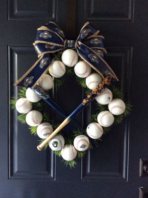 Baseball theme front door decoration. Go Brewers! Diy Baseball Wreath How To Make, Baseball Welcome Sign Front Door, Baseball Door Wreath, Baseball Hotel Door Signs, Baseball Crafts Wreaths & Garlands, Baseball Wreath, Christmas Tree Ribbon, Baseball Family, Baseball Christmas