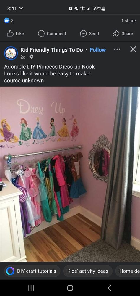 Playroom Guest Room Combo, Dress Up Corner, Playroom Seating, Nook Decor, Toddler Girl Room, Princess Diy, Princess Dress Up, Infinity Design, Kids Dress Up