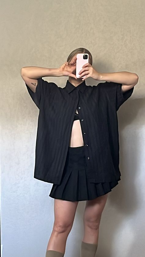 Black tennis skirt, knee highs, and a mens short sleeve button up #tennisskirt #kneesocks #ootd Black Tennis Skirt Outfit, Black Tennis Skirt, Tennis Skirt Outfit, Knee Highs, High Knees, Skirt Outfit, Knee Socks, Tennis Skirt, Short Sleeve Button Up