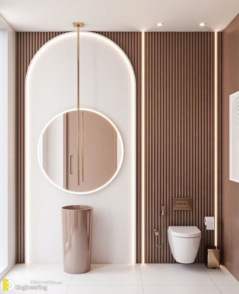 Unique Bathroom Mirrors, Small Bathroom Mirrors, Backlit Bathroom Mirror, Large Bathroom Mirrors, Toilette Design, Restroom Design, Latest Bathroom, Bathroom Design Trends, Washroom Design