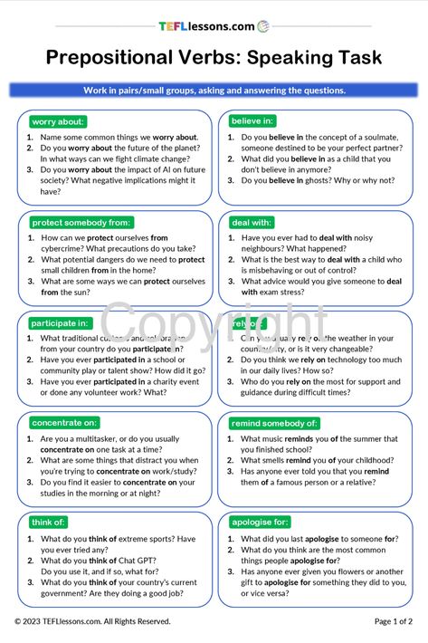 Prepositional Verbs Speaking Task | ESL Materials | Teaching English Functional Skills English Level 2, Verb Preposition Worksheet, At On In Prepositions Of Time, Phrasal Verbs Turn, Verbs + Preposition, Speaking Topics, English Tutor, Esl Materials, Speaking Games