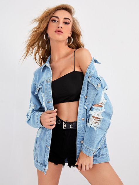 Longline Denim Jacket, Light Denim Jacket, Oversized Jean Jacket, Long Sleeve Denim Jacket, Estilo Denim, Pretty Shorts, Distressed Denim Jacket, Elegantes Outfit, Denim Details