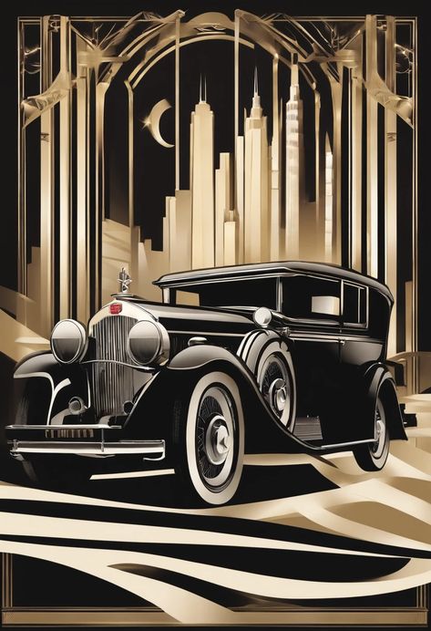 A close up of a vintage car in a city setting Great Gatsby Centerpieces, Gatsby Centerpieces, 1920s Car, 1920s Theme, Graphics Sketchbook, Invitation Layout, Visually Pleasing, Car Illustration, S Car