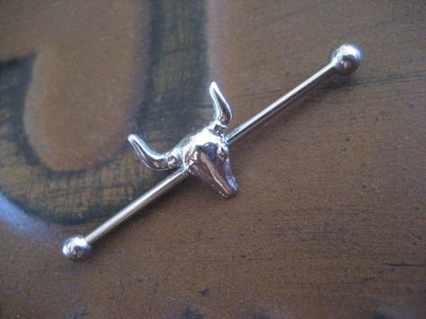 Bullseye Industrial Barbell Piercing- Bull Buffalo Cow Head Skull Surgical Steel Silver Bar 14g 14 g Gauge Cow Head Skull, Earring Industrial, Magpie Nest, Ear Piercing Names, Unique Piercings, Industrial Bars, Industrial Bar Piercing, Industrial Piercings, Bar Piercing