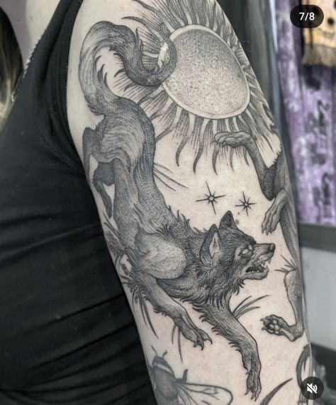 Animal Themed Tattoo Sleeve, Ghost Wolf Tattoo, Animals In Clothes Tattoo, Badger Tattoo Design, Werewolf Tattoo For Women, Engravement Tattoo, Wolf Skeleton Tattoo, Coyote Tattoo Women, Unsettling Tattoos