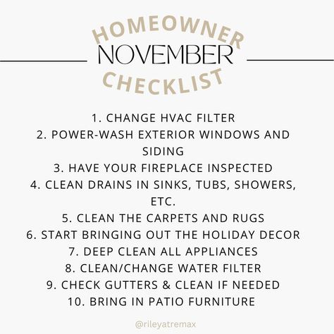 November homeowner checklist. Save this and reference it when you're doing house chores! #homeowner #home #clean #organize #interior Homeowner Checklist, Happy Homemaking, Home Maintenance Checklist, House Chores, Life Binder, Diy Home Cleaning, Household Cleaning Tips, Home Management, Up House