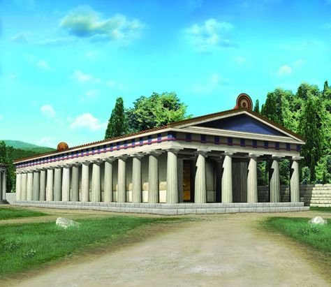 The facade of the archaic temple of Hera - Ancient Olympia - Digital Reconstruction Temple Of Hera Olympia, Greek Civilization, Ancient Greek Theatre, Ancient Olympia, Ancient History Archaeology, Greek Temple, Roman Gods, Temple Architecture, Greek History