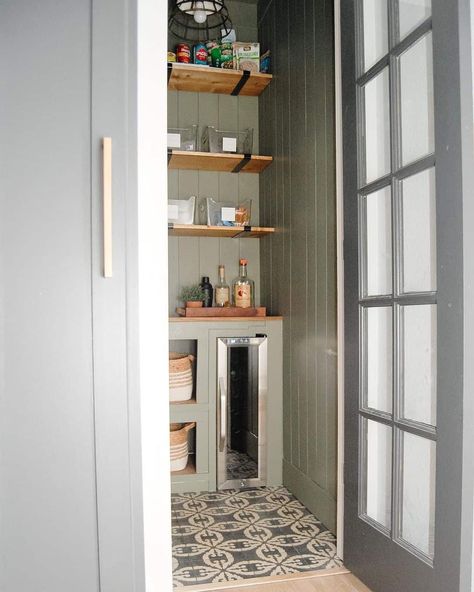 Mosaic Flooring in Sage Green Pantry - Soul & Lane Sage Green Pantry, Green Pantry, Small Walk In Pantry, Simple Shelves, Beautiful Pantry, Pantry Organization Ideas, Ceiling Fan Bedroom, Mosaic Floor Tile, Small Pantry