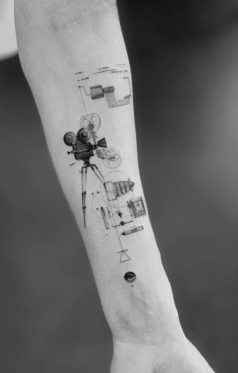 Physics Tattoos, Geometric Line Tattoo, Modern Art Tattoos, Camera Tattoos, Geometric Sleeve Tattoo, Leo Tattoos, Leg Tattoos Women, Instagram Tattoo, Cool Small Tattoos