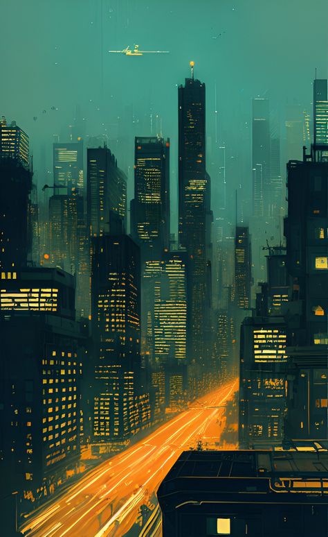 Cool Cityscapes, Urban Night Aesthetic, City Illustration Art, Modern City Art, Urban Fantasy Art, Art Deco City, Pixel Art Landscape, City Artwork, Cityscape Art