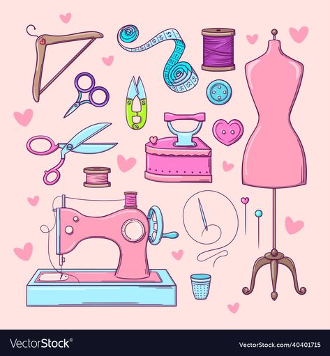 Sewing Kit Illustration, Cartoon Sewing, Sewing Artwork, Sewing Machine Drawing, Sewing Aesthetic, Sewing Clipart, Sewing Logo, Doodle Vector, Idee Cricut