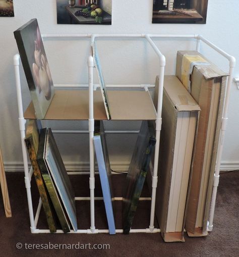 DIY art storage Art Rack, Basement Storage Organization, Poster Storage, Rangement Art, Art Studio Storage, Diy Storage Rack, Pvc Storage, Art Studio Organization, Art Studio Room