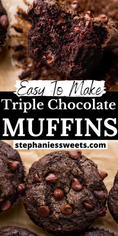 These triple chocolate muffins are loaded with cocoa powder, melted chocolate and chocolate chips. No mixer is needed to make these super easy muffins. Triple Chocolate Muffins Recipe, Chocolate Muffins Moist, Triple Chocolate Muffins, Bakery Muffins, Chocolate Decadence, Work Recipes, Tin Recipes, Chocolate Muffin Recipe, Double Chocolate Muffins