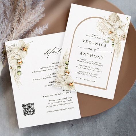 All In One Boho Pampas Grass Orchid Floral Wedding Invitation #zazzle #weddinginvitations #birthdayinvitations #babyshowerinvitations #zazzleinvitations #monogram #businesscards #graduation #homedecor Wedding Earthy, Dry Pampas, Boho Wedding Invitation Template, Protea Wedding, Arch Frame, Rustic Boho Wedding, Budget Wedding Invitations, Botanical Wedding Invitations, Rustic Fall Wedding