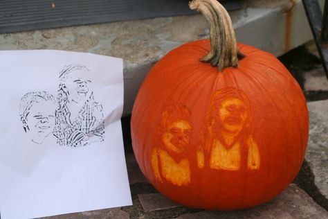 Martha Stewart Fail! I took a picture of the kids, used an app to turn it into a line drawing and then tried to carve the negative space...maybe if I practiced more....but this was tedious! I tried it once... Negative Space, Pumpkin Carving, Line Drawing, Activities For Kids, Things To Do, Carving