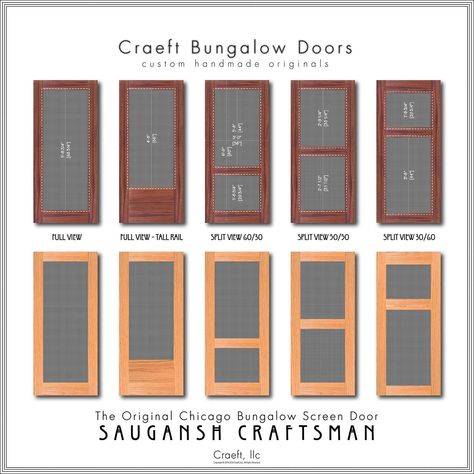 "Bungalow Screen Door - Sauganash Craftsman Custom Handmade Screen Door: 36\" wide  x +/- 80\" high to include: 5/4\" thick selected solid, plain sliced hardwood with joined & exterior glued artisan fabrication. All surfaces hand sanded to furniture level finishing.  Stiles & Rails: 5 ½: wide / 7 1/4\" tall bottom rail. Detailing: Mission square edging. Aluminum Screen Frame(s): Included. Finishing:\"Unfinished\". Standard clear-coat marine satin finishing maybe selected and purchased separately. Hardware: Not Included. Finishing maybe selected and purchased separately to include pre-mounted, Screen door latch knob, hinge pair set, heavy duty door closer. Style Options:  Full View Full View - Tall Rail Split View 60/30 Split View 50/50 Split View 30/60 Hardwood Species Options: Solid Red O Craftsman Screen Door, Arched Screen Doors, Screen Doors For Front Door, Modern Screen Door, Screen Porch Door, Screened Porch Doors, Double Screen Doors, Screen Door Ideas, Screen Door Projects