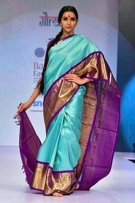 Light Blue Pattu Saree, Saree Colour Combination, Saree Combination, Blue Contrast Color, Silk Saree Designs, Bride Sarees, Sky Blue Saree, Saree Color Combinations, Purple Color Combinations