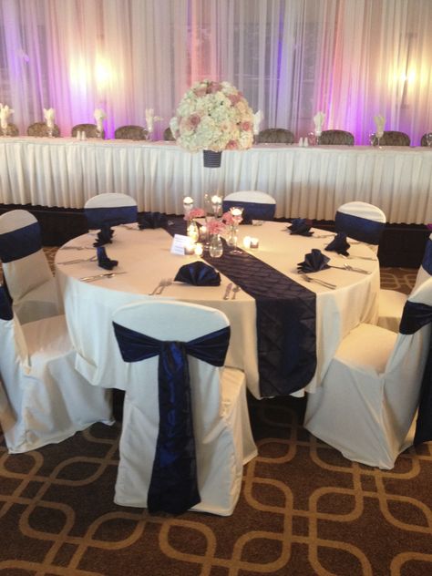 Blush And Pink Wedding, Navy Blue And Pink Wedding, Navy Wedding Decorations, Navy And Blush Wedding, Pink Dessert Tables, Lots Of Candles, Blush Wedding Centerpieces, Gold Wedding Centerpieces, Navy Table