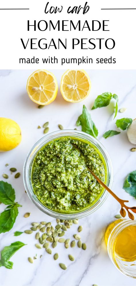 This homemade vegan pesto is paleo, dairy free and nut free! I created this recipe to taste just like the classic creamy basil pesto. This low carb pesto is quick and easy to meal prep to use for any weeknight dinner. Dairy Free Nut Free Pesto, Pesto Recipe No Nuts, Basil Recipes Vegan, Low Carb Pesto, Vegan Pesto Recipe, Nut Free Pesto, Dairy Free Pesto, Pesto Recipes, Basil Pesto Recipes