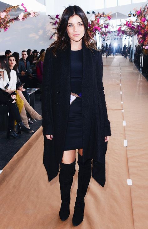 Julia Restoin Roitfeld wears a mini dress, coat, and over-the-knee boots Black Over The Knee Boots Outfit, Black Over Knee Boots, Julia Restoin Roitfeld, Over The Knee Boot Outfit, Knee Boots Outfit, All Black Fashion, Dos And Don'ts, Evening Outfits, Long Boots