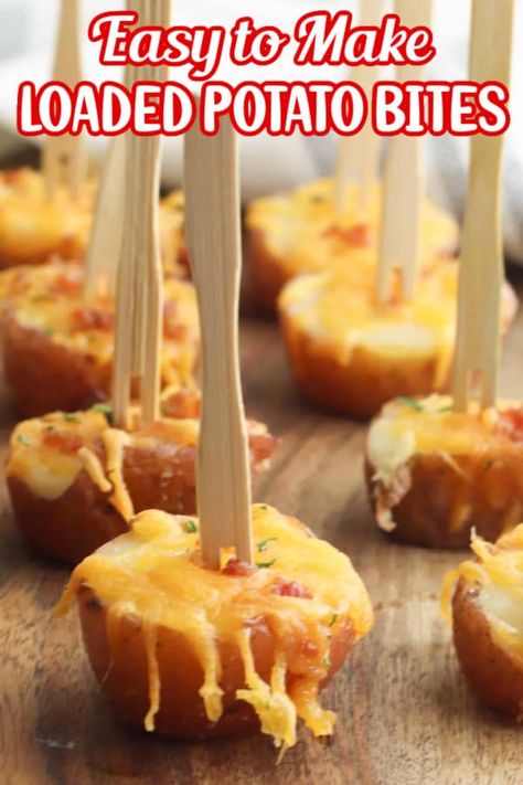 These easy to make Loaded Potato Bites are the perfect appetizer for any party! The tasty little oven baked potatoes are topped with cheddar cheese, bacon, and parsley. They are simple to transport and are always a hit at a potluck or holiday gathering. Cheesy Bacon Potato Bites, Potato Appetizers Easy, Potato Skins Appetizer, Loaded Potato Bites, Loaded Baked Potato Bites, Oven Baked Potatoes, Potato Appetizers, Crockpot Appetizers, Fruit Appetizers