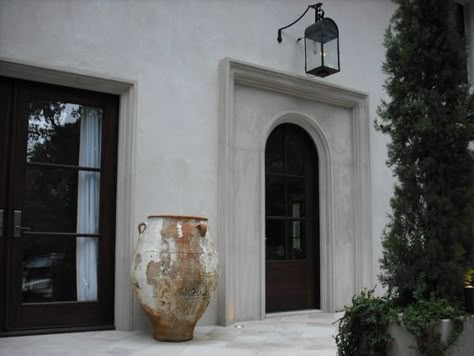 Pamela Pierce Designs House Renovation Design, Mediterranean Exterior, Olive Jar, Gas Lanterns, Atlanta Homes, Exterior Details, Cast Stone, Front Entrances, Front Entrance